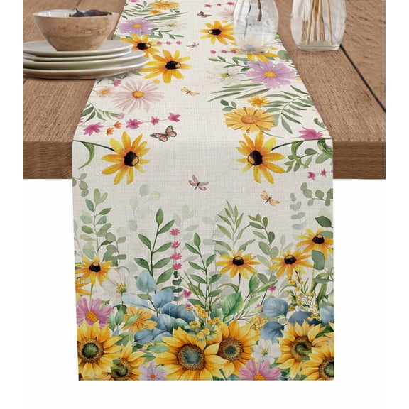 Sunflower Table Runner 36 Inches, Rustic Summer Botanical Eucalyptus Leaf Bed Runner Dresser Scarves Tabletop for Indoor Outdoor Parties/Ceremony/Banquet, 13"x 36"
