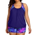 thumbnail image 3 of Traje de baño Tankini Holipick azul con hojas moradas para mujer, talla grande, 3 of 6