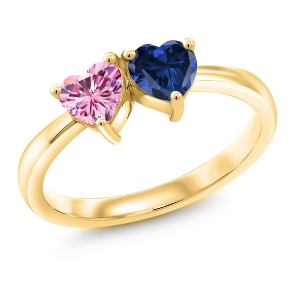 Gem Stone King 18K Yellow Gold Plated Silver Ring Heart Shape Pink Moissanite and Created Sapphire Blue (1.00 Cttw, Size 7)