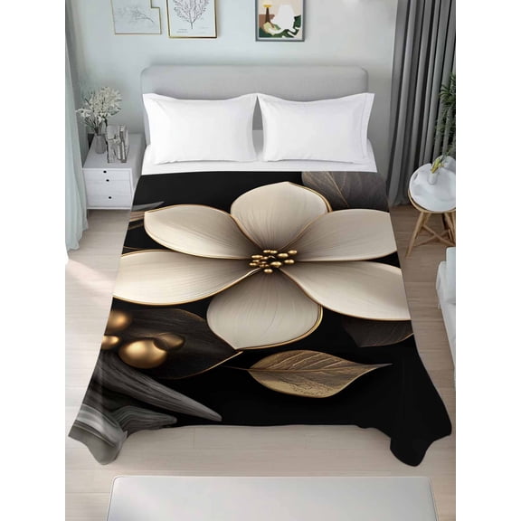 Gold Black Flower King Size Flat Sheet, Wrinkleproof & Fadeproof Cooling Flat Bed Sheet Only, Blossoming Botanical Prints Leaf Breathable Soft Bedding Top Sheets 105 x 98 Inches