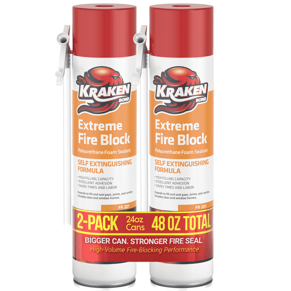Kraken Bond Extreme Orange Fire Block Foam, 24 oz Straw Polyurethane Sealant, 2 Pack