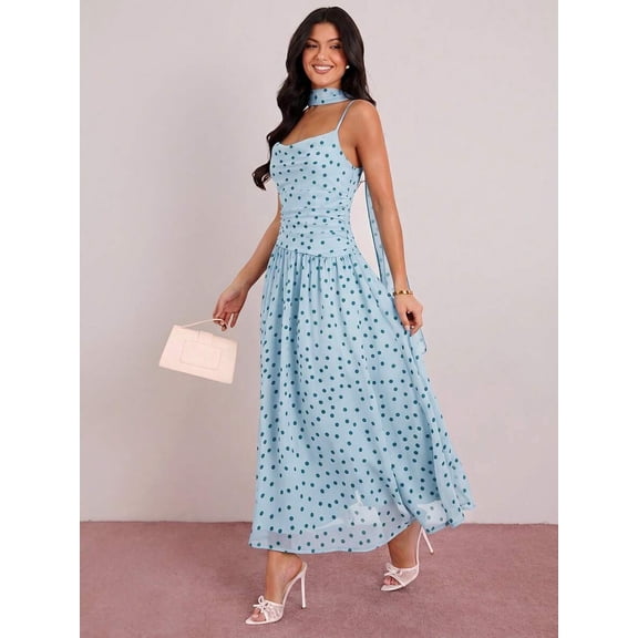 Aqua Blue Polka Dot Sleeveless Cinched Waist Maxi Dress With Choker Detail For Women