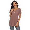 thumbnail image 1 of New Women's Waffle Knit Tunic Tops Short Sleeve Loose Fitting Daily Casual Button Up Basic Henley Tops Solid Color Shirt, 1 of 4