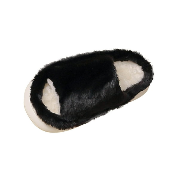 Xfvqtps Fluffy Slippers for Women Winter Warm Open Toe Slip on Thick Sole PVC Solid Color Furry Cozy Indoor and Outdoor Plush Shoes Black