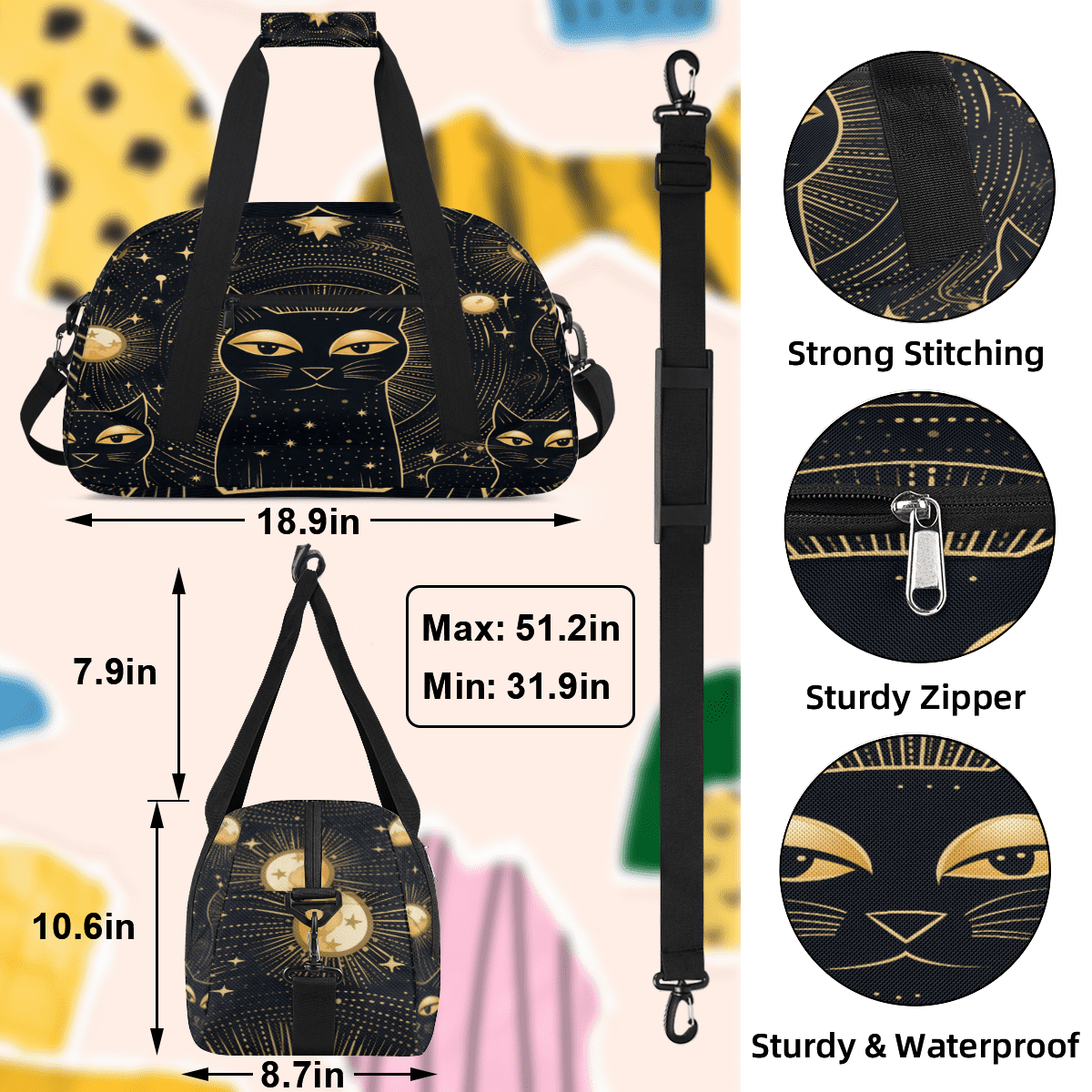 Herdesigns Black Cat Sports Duffle Bag for Women & Men, Gym Bag Dance Bag Overnight Bag Carry On Weekender Travel Bag