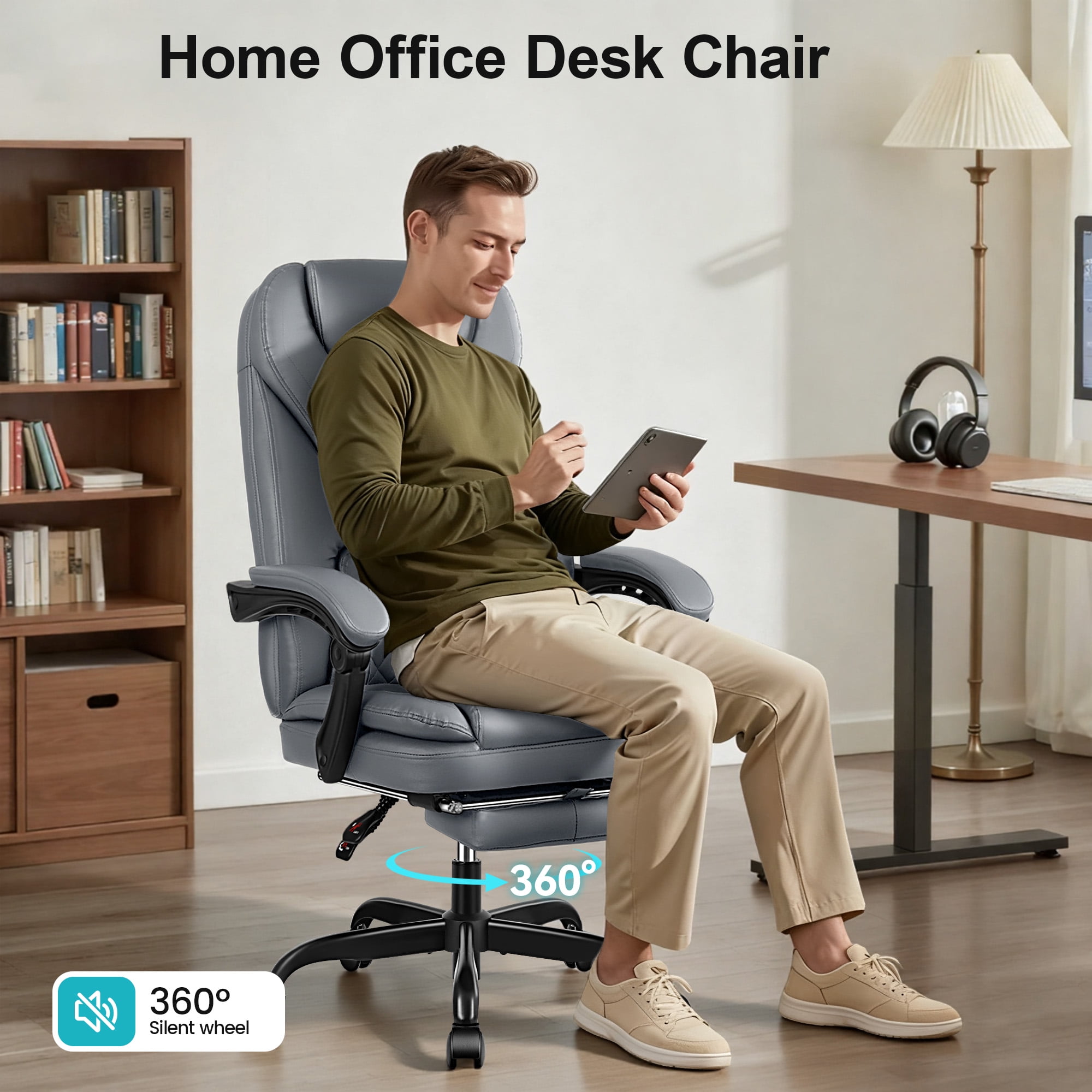 COOLHUT Executive Office Chair, Big and Tall Office Chair with Footrest Reclining Faux Leather Chair High Back Lumbar Support Ergonomic Office Chair with Padded Armrests, Gray