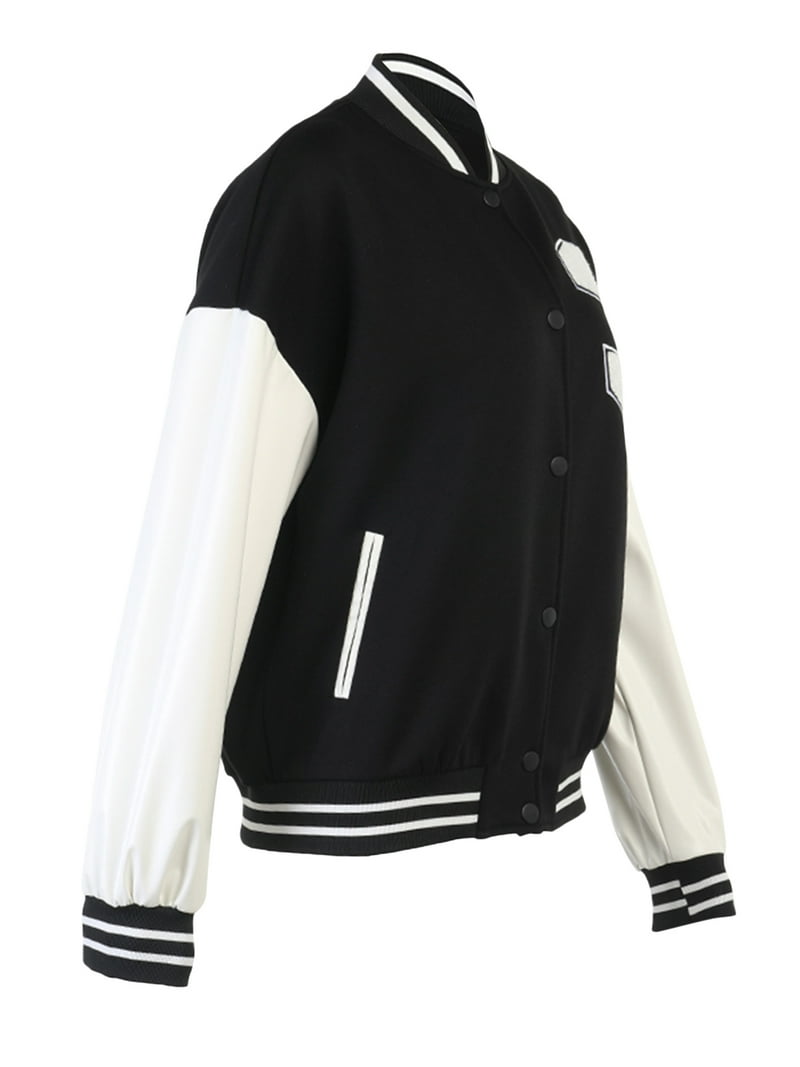KOMOO Women Varsity Jacket Long Sleeve Button Down Cropped