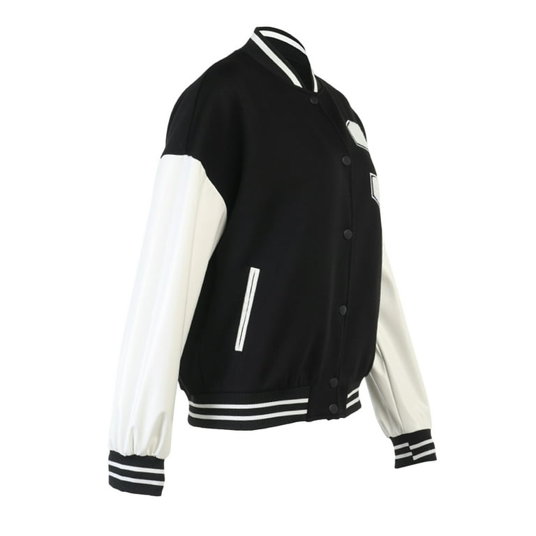 KOMOO Women Varsity Jacket Long Sleeve Button Down Cropped KOMOO Women Varsity Jacket Long Sleeve Button Down Cropped