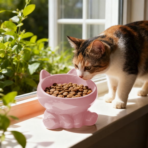 CaiYueKe Elevated Cat Food Bowl - Ceramic Raised Pet Dish for Cats and Small Dogs with Wide Shallow Design to Protect Neck and Whiskers, Anti-Vomit Slow Feeder for Healthy Eating