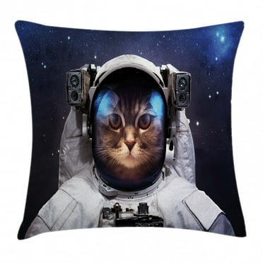 Space Cat Throw Pillow Cushion Cover, Milkyway Galaxy Space Traveller Cat in Suit with Stars Backdrop Image, Decorative Square Accent Pillow Case, 18 X 18 Inches, Navy Blue and White, by Ambesonne