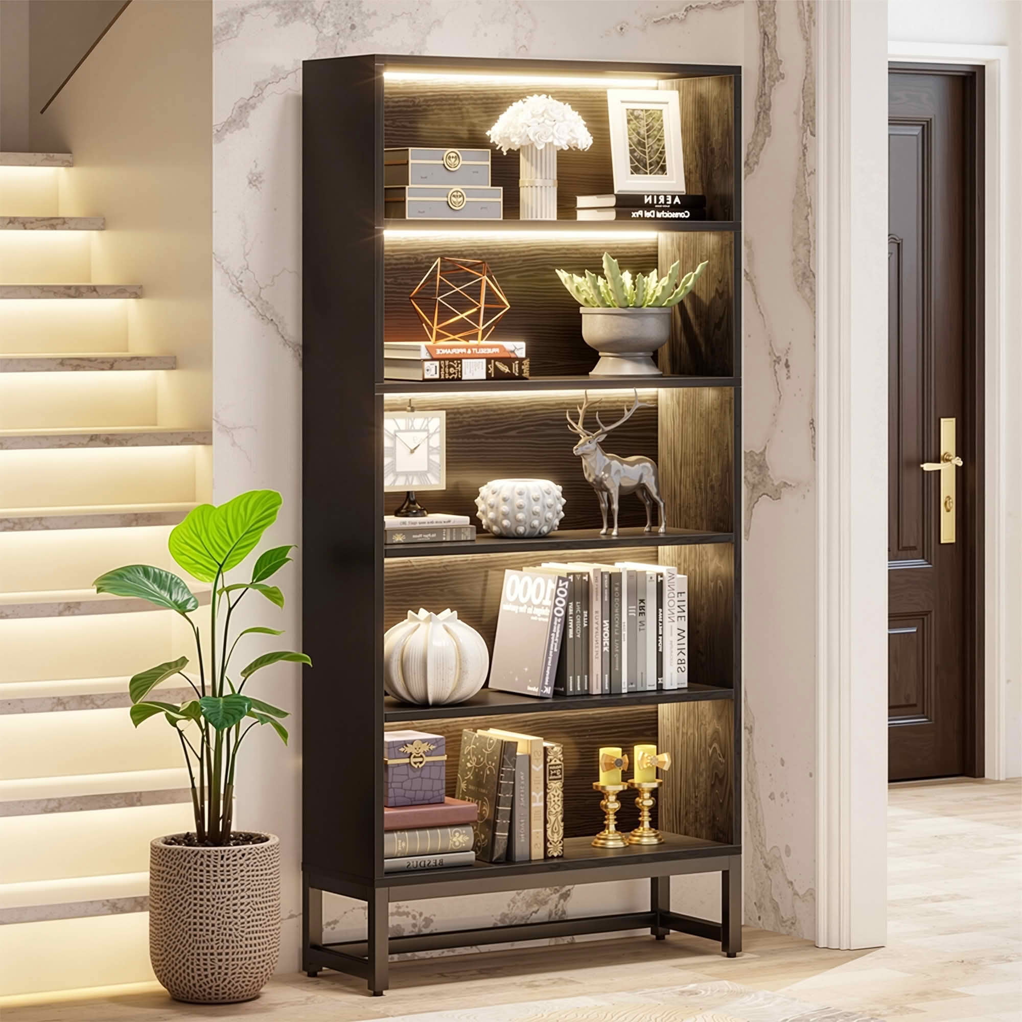 MAYEERTY 70.8 Inch 5-Tier Black Tall Bookcase with APP Controlled LED Lights, Heavy Duty Particleboard Metal Frame Bookshelf Organizer with Anti-Tip Kit for Home Office Living Room