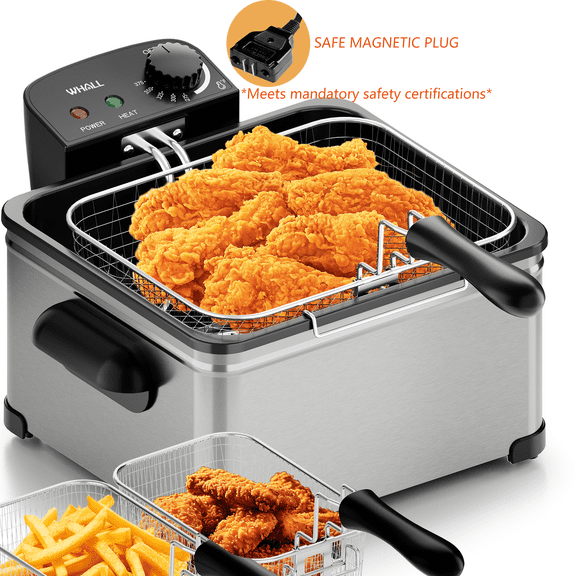 WHALL Deep Fryer with 3 Baskets, 5 L/21 Cups Oil Capacity, Temperature Control, Stainless Steel, 1700 W