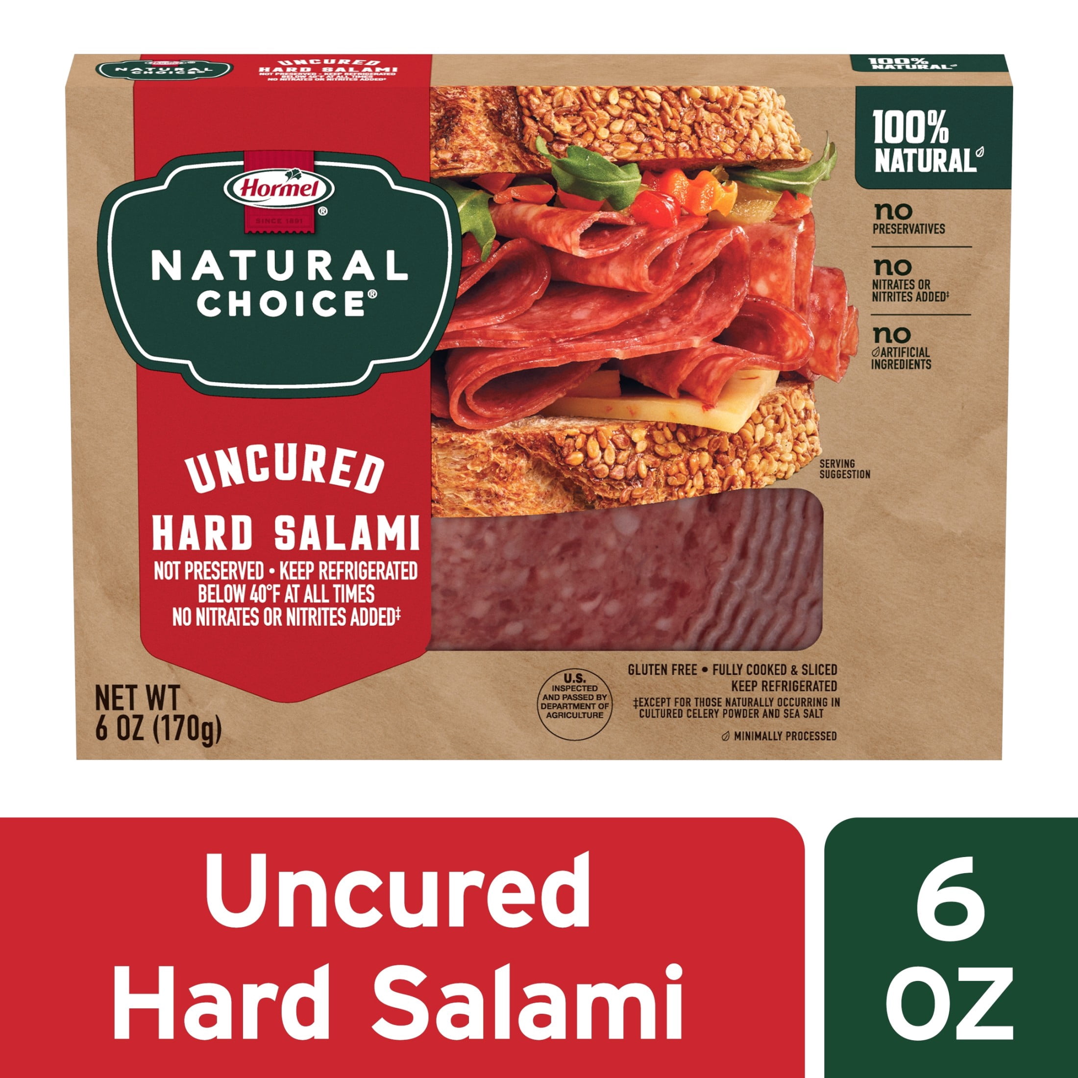 Hormel Natural Choice Uncured Hard Salami Deli Lunchmeat, 6 oz Plastic Package