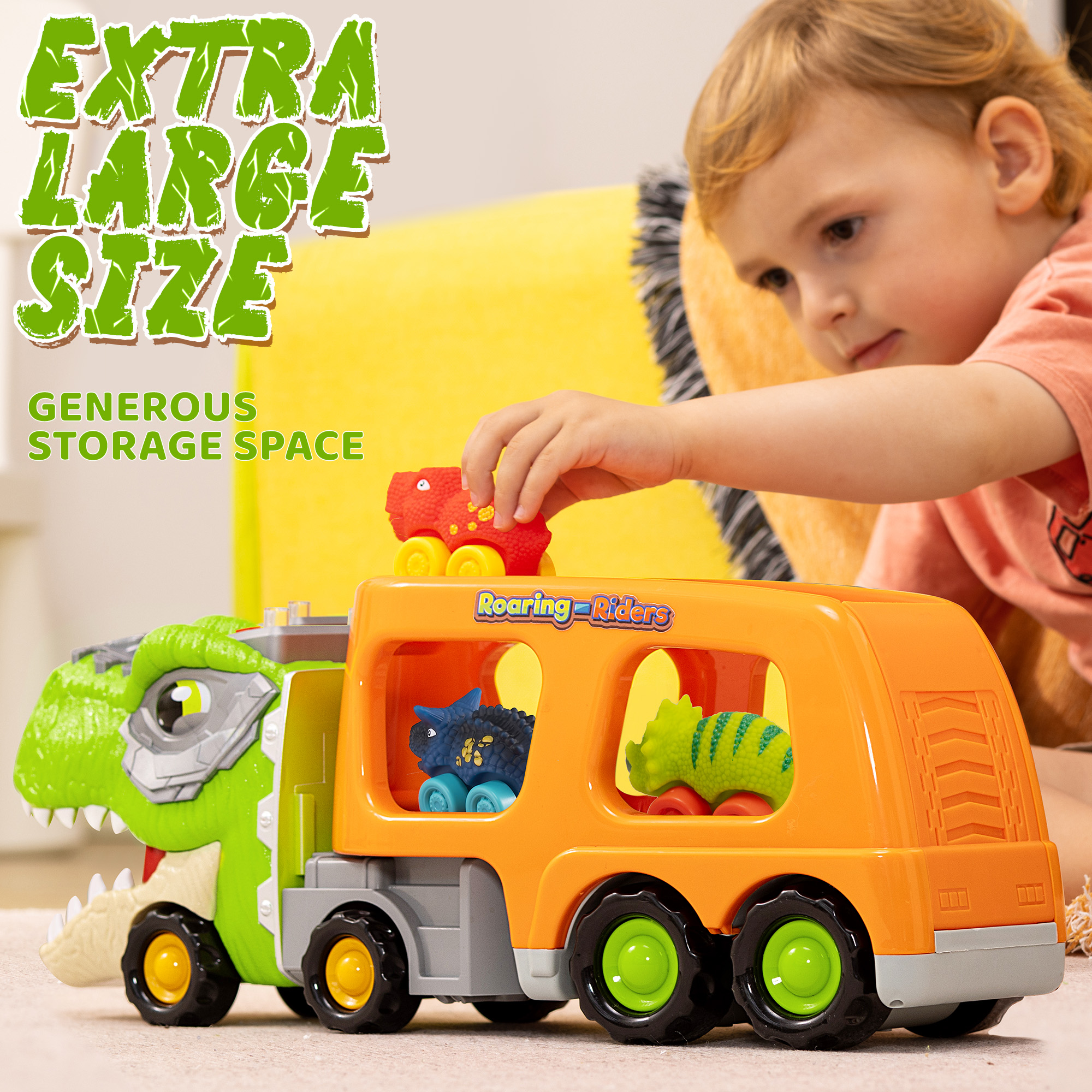 Joyfy Dinosaur Truck Toy with 6 Mini Cars, Lights & Sounds photo 3