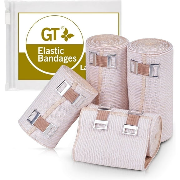 Premium Elastic Bandage Wraps (4" 2pack & 3" 2Pack) Metal Clip Fasteners - GT Latex Free Roll for Sprains & Injuries