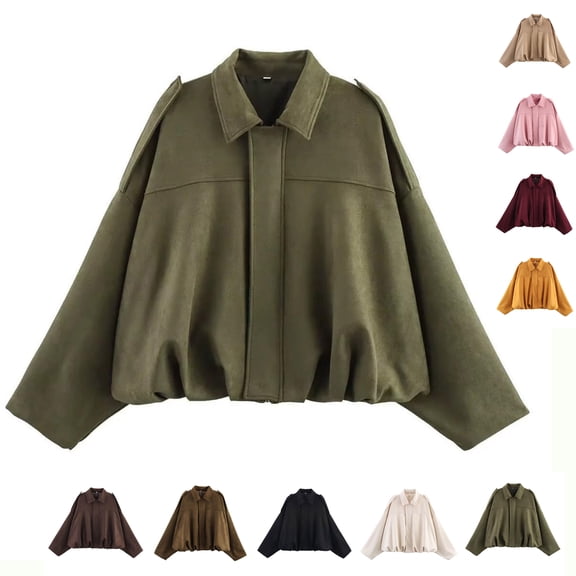 TGSLY Women's Faux Suede Bomber Jacket Casual Zip Up Long Sleeve Lapel Coat Oversized Pleated Solid Color Cropped Hem Silhouette Jackets XL