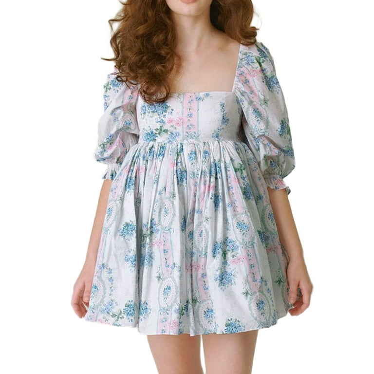 wybzd Women's Summer Floral Printing/Tie-dye Print Puff Sleeve Square Neck  Bubble Sleeve Mesh Princess Mini Dress S-XL 