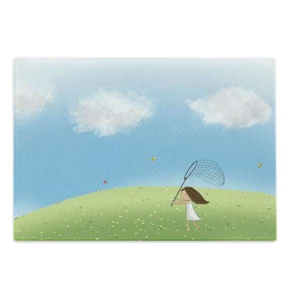 Cartoon Cutting Board, Happy Girl Chasing Butterflies with Net in Spring Meadow, Decorative Tempered Glass Cutting and Serving Board, in 3 Sizes, by Ambesonne