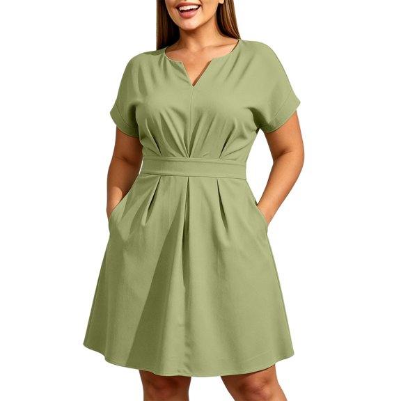 Gpaecead Women's Short Sleeve V Neck High Waist Dress Plus Size Business Casual Midi Dress With Pockets For Office And Interview Green
