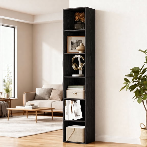 LEDREM 6-Tier Bookshelf with Adjustable Open Shelves, Tall Bookcase Space-Saving for Living Room Home Office, Ebony Black