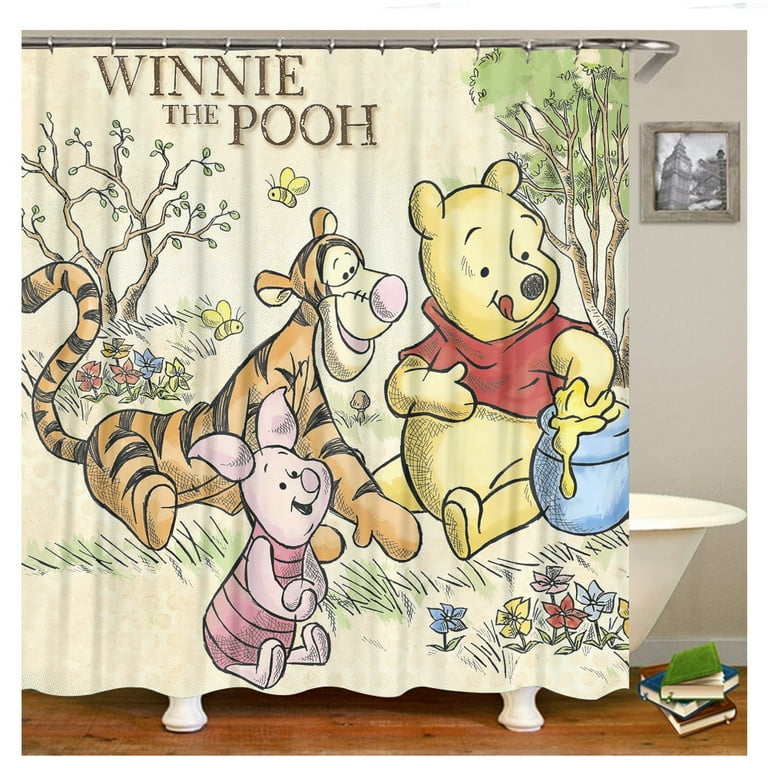 Shower Curtain S-90*180cm Winnie the Pooh Bathroom Decor Winnie the Pooh  Aesthetic Modern Fabric Waterproof Shower Curtain Set with Hook 