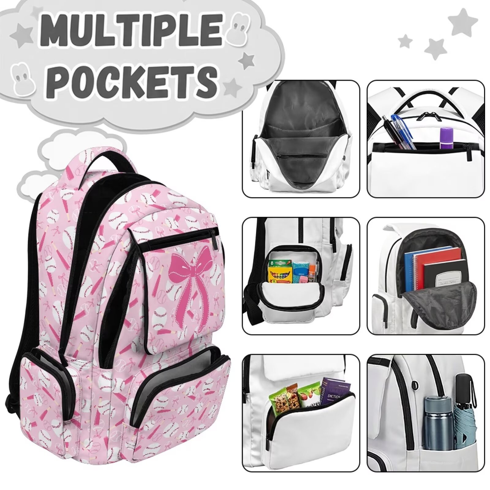 Mochila para niñas con diseño de murciélago y moño rosa, estampado deportivo, ligera, transpirable, duradera, impermeable, multi bolsillos, para regreso a clases 7