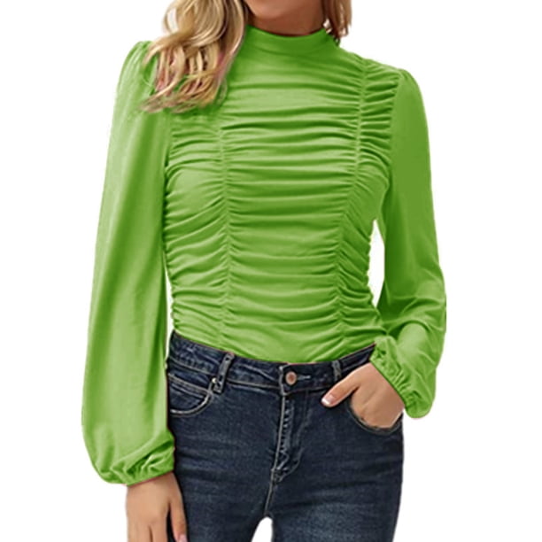 Moda mujer color sólido blusa cuello alto manga larga acanalada delgada casual otoño camiseta Abanopi Verde/Extragrande