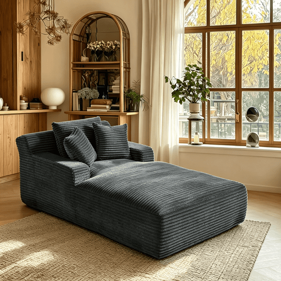 Bbbnuuiy Oversized Chaise Lounge Chair Indoor, 78" Corduroy Chaise Sofa, long enough to strech out on, 3 Soft Pillows Sofa Bed, No Assembly Required,Dark Gray
