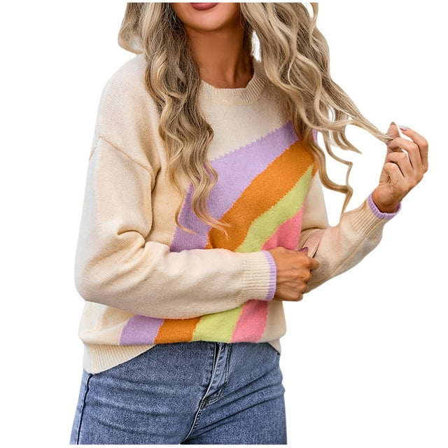 Rbaofujie Pulls pour Femmes Patchwork Rayé Mode Col Rond Chandail Beige Hauts et Blouses pour Dames
