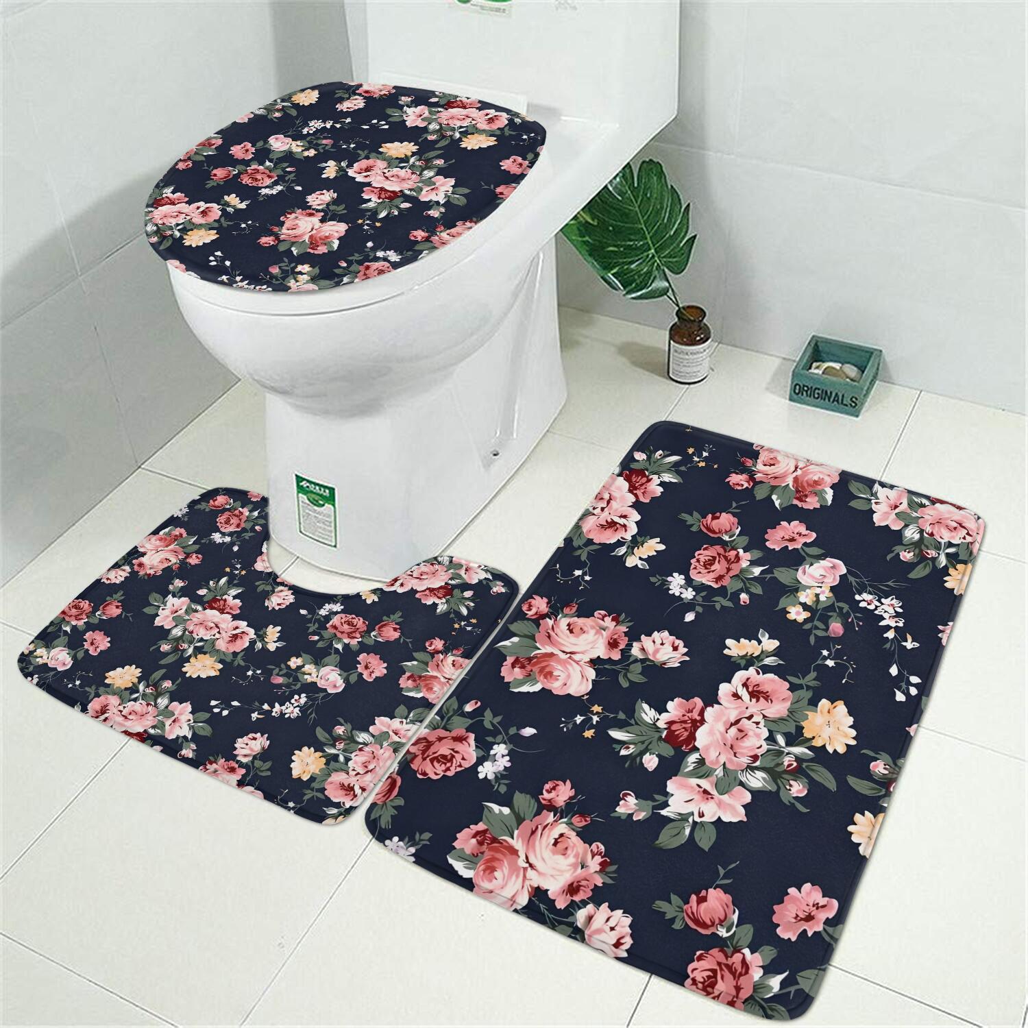 Pioneer Flower Floral Print Pattern Bathroom Rugs Sets 3 Piece,Toilet Cover Set,Absorbent Non Slip Bathroom Mats Sets with U-Shaped Contour Rug Toilet Rug Set