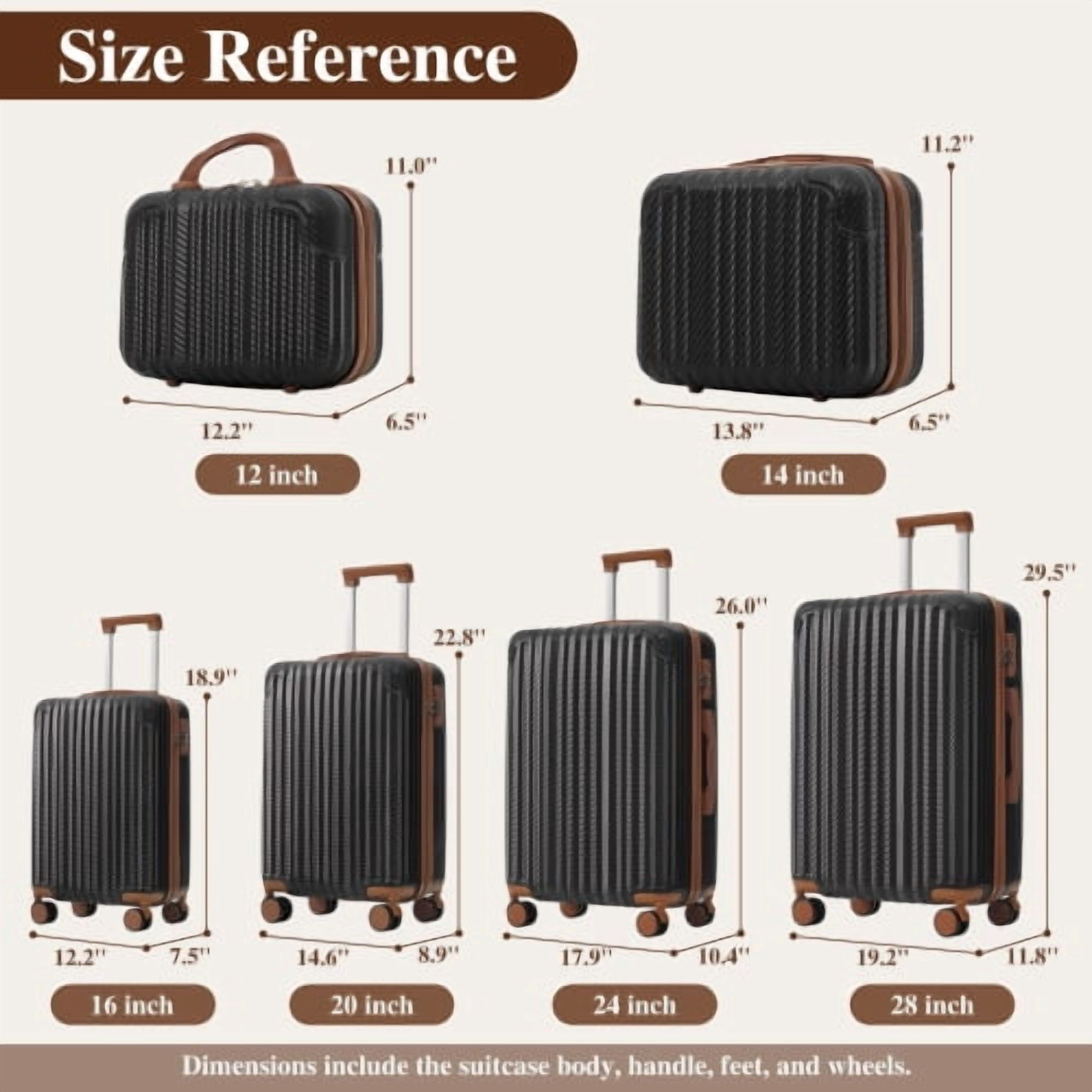 6-Piece Lightweight ABS Hardshell Luggage Set with 360° Spinner Wheels, TSA Lock, Side Hooks, Scratch-Resistant Cosmetic Cases, Carry-On & Checked Suitcases, Black