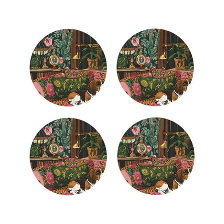 

Honeii Dog On Floral Couch Print Leather Coaster Set of 4 Ideal for Safeguarding Your Furniture from Drinks Spills and Effortless Cleanup-Round Shape