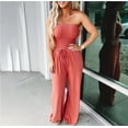 thumbnail image 2 of Sexy Off Shoulder Jumpsuits for Women Strapless Bandeau Elastic Smocked Tube Top Loose Drawstring Wide Leg Long Pants Rompers, 2 of 6