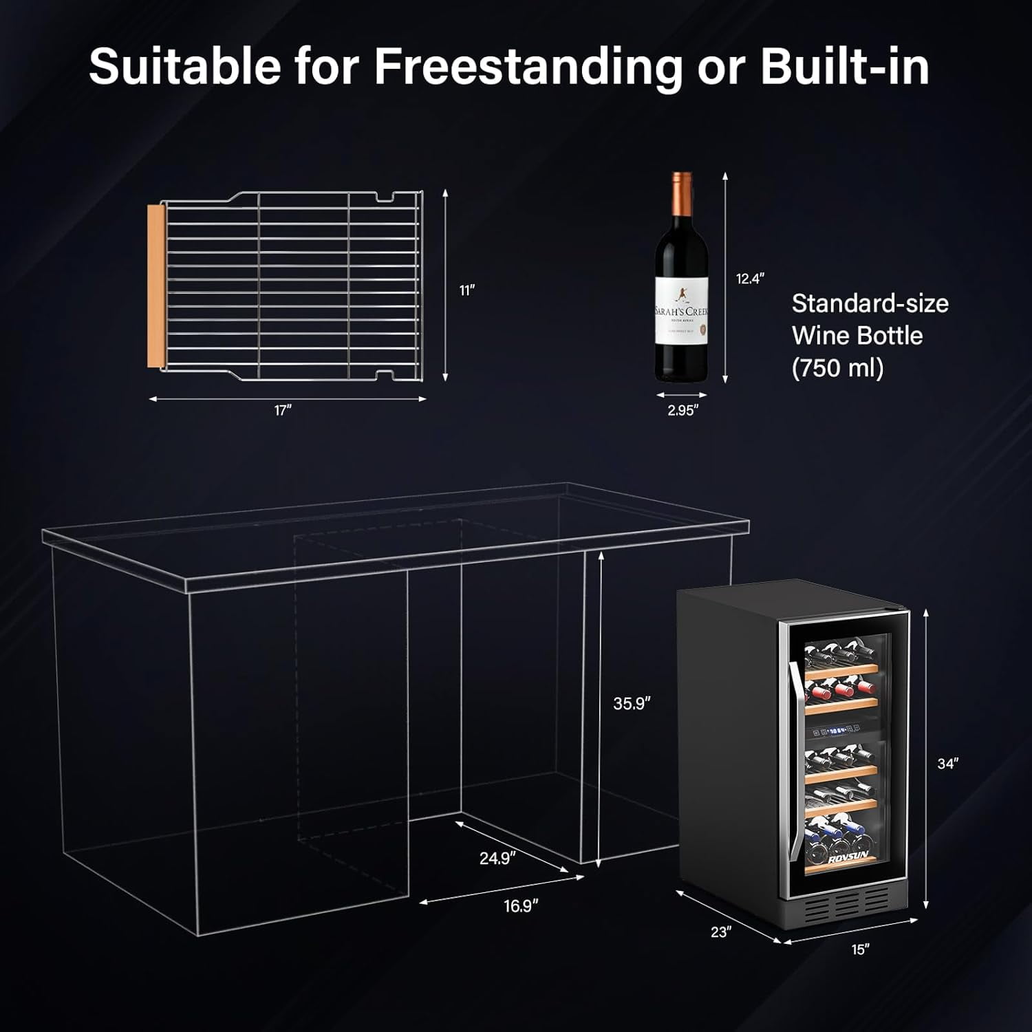 TUFFIOM 33 Bottles Dual Zone Wine Cooler, Beverage Cooler Refrigerator, Chiller with Glass Door & Digital Temperature Control, Freestanding or Built-in Wine Fridge for Wine, Champagne, Beer