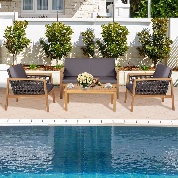 Costway Ensemble de Mobilier de Terrasse en Rotin 4 Pcs Canapé Coussiné en Bois d'Acacia Gris