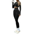thumbnail image 3 of Elippeo Women Casual Sports Yoga Suit, Long Sleeve Round Neck Label Patchwork Crop Tops+High Waist Long Pants, 3 of 10