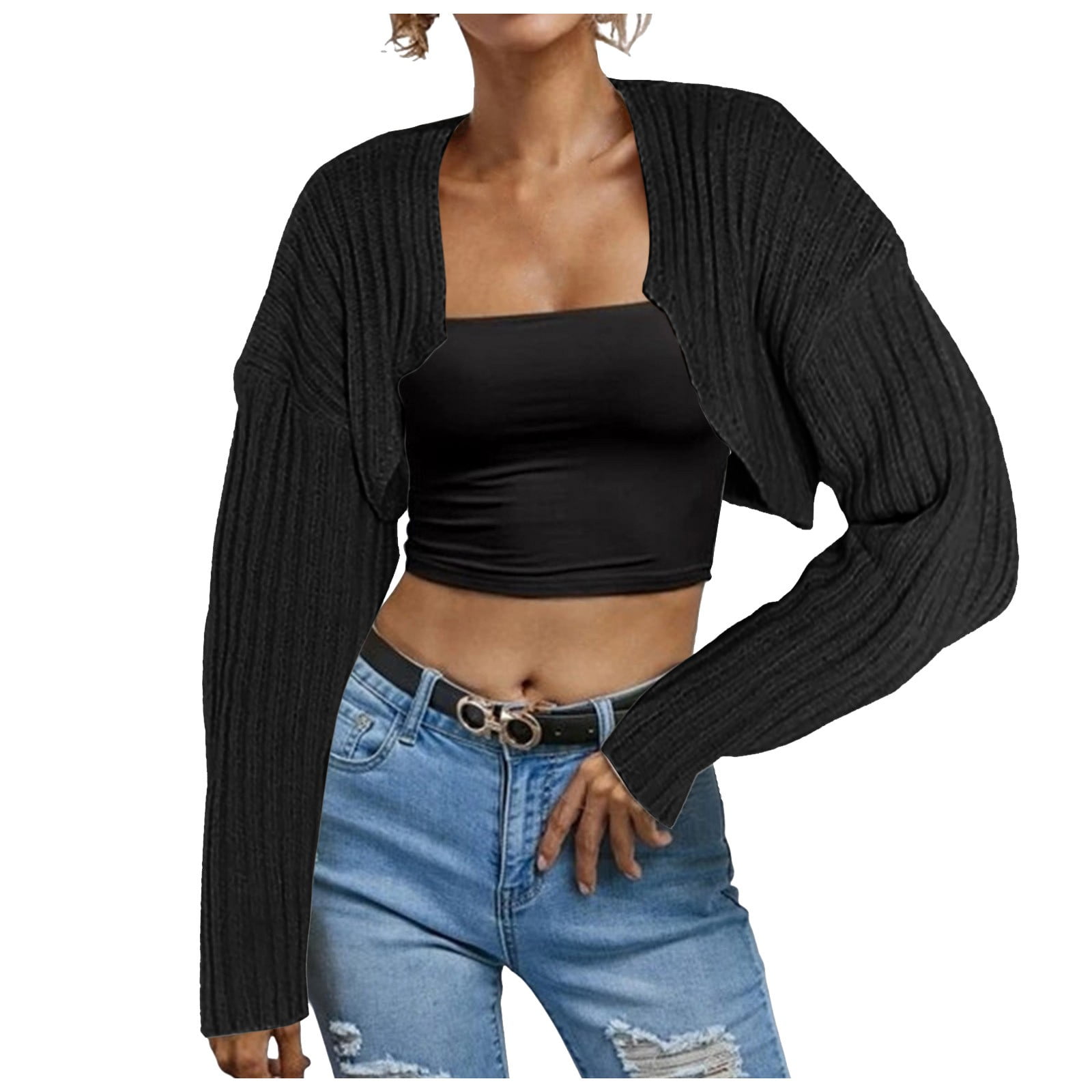 Women Long Sleeve Open Front Ribbed Knit Crop Cardigan Solid Loose