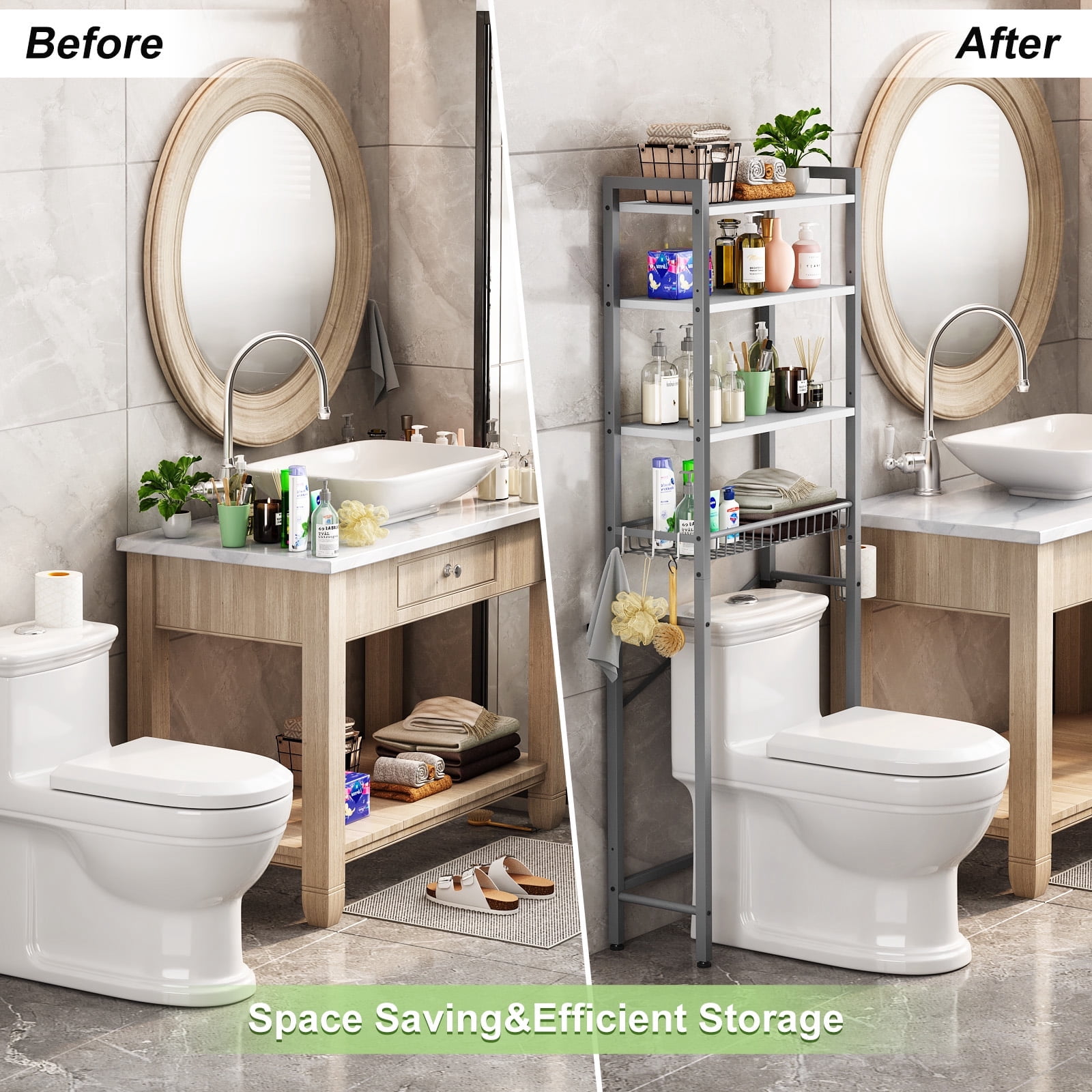 Biemlerfn Over The Toilet Storage Shelf, 4-Tier Wooden Bathroom Organizer Adjustable Saver Space Rack with Toilet Paper Holder, Gray&White