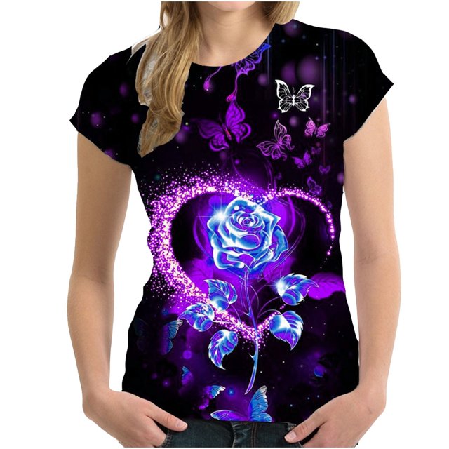 Blusa suelta de manga corta con cuello redondo y estampado a la moda para mujer Pompotops hfajkhk128986