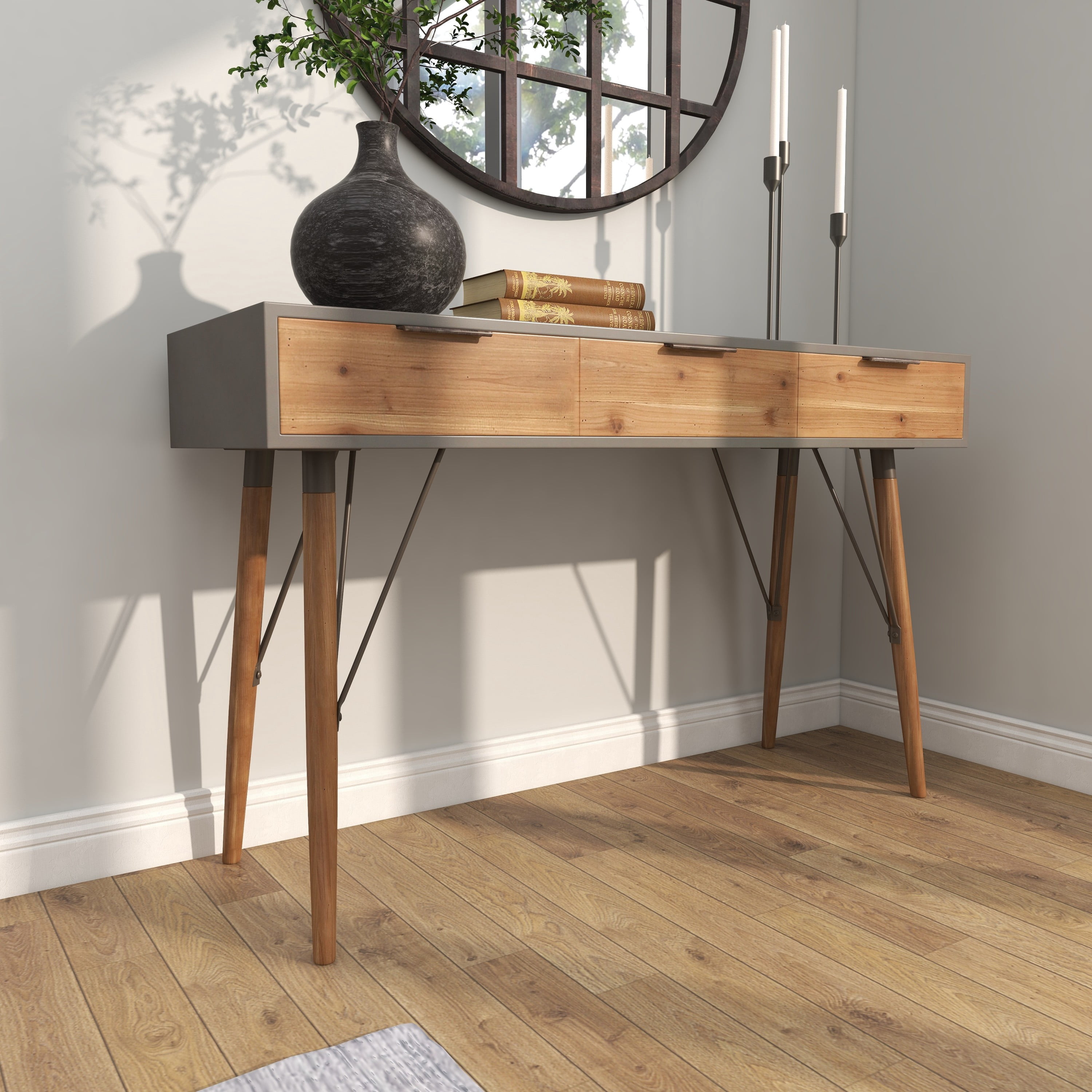 DecMode 48" x 30" Brown Wood 3 Drawers Console Table, 1-Piece