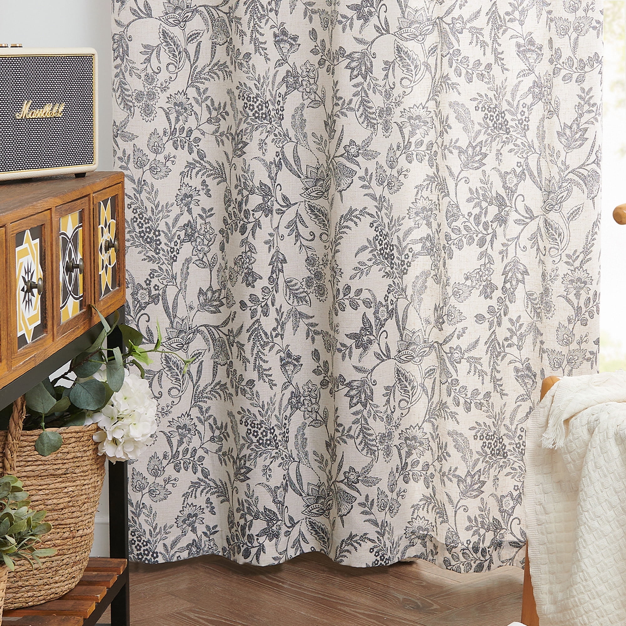 Curtainking Floral Curtains Linen Farmhouse Curtains for Living Room 84 inch Country Curtains Back Tab Semi Sheer Curtains Light Filtering 2 Panels Black on Beige
