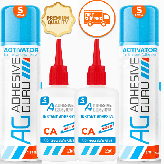Adhesive Guru CA Glue with Activator Kit, 2-Pack Super Glue with Instant Cyanoacrylate Spray, High-Performance Bond for Wood, Plastic, and Metal (2 x 0.9 oz Glue & 2 x 3.38 fl oz Activator)
