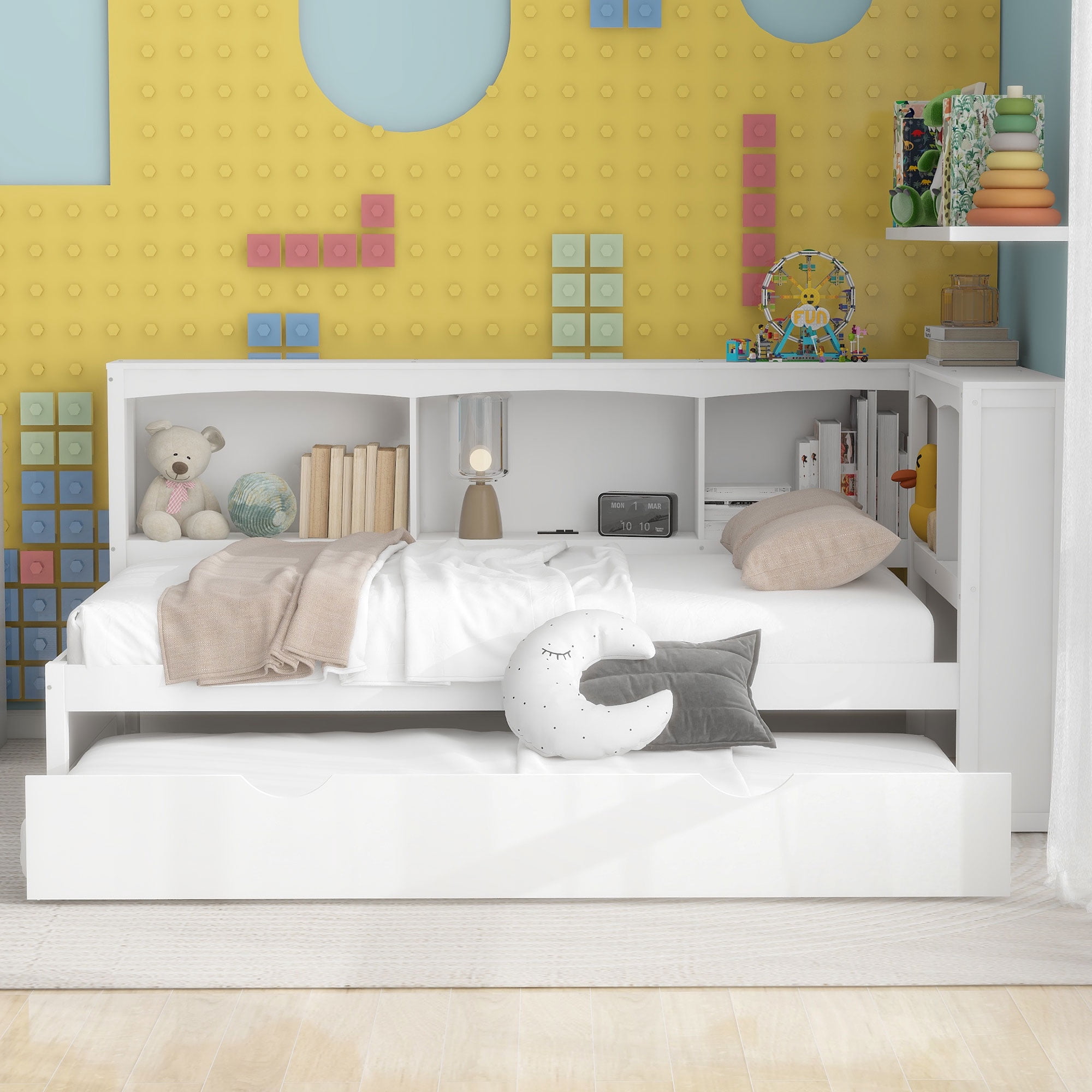 Euroco Wood Twin Daybed with Trundle,Storage Shelves and Charging Station Sofa Bed for Bedroom,White