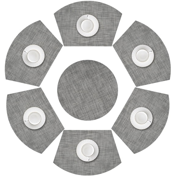 Ivalue Wedge Placemats Set of 7 Round Table Placemats Woven Vinyl Place Mats Non Slip Round Table Mats Wipe Clean Indoor Outdoor Use(Dark Gray)
