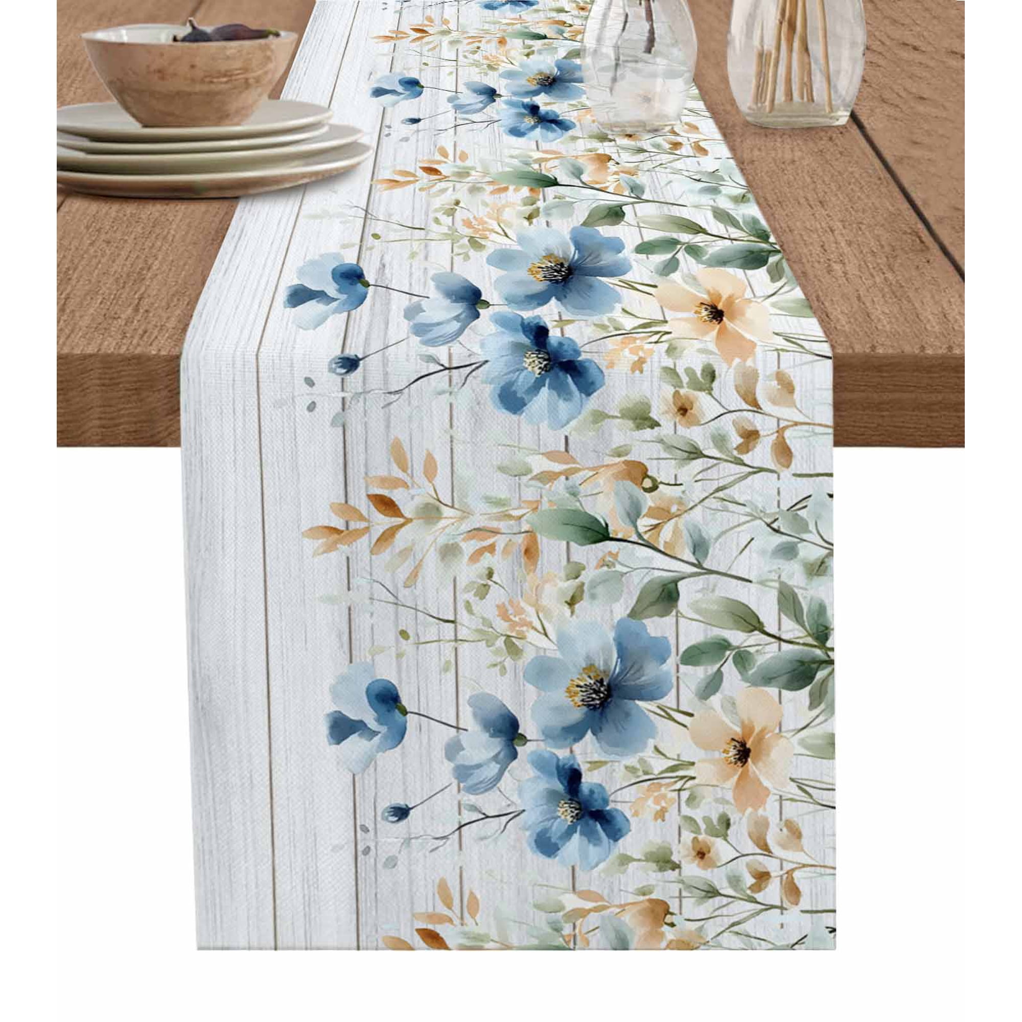 Hokiten Table Runners 60 Inches Long Dress Scarves, Spring Floral Farmhouse Kitchen/Dining Table Runner, Small Coffee Tablerunners, Weeping Blue Botanical Summer Vintage 13x60 Inch