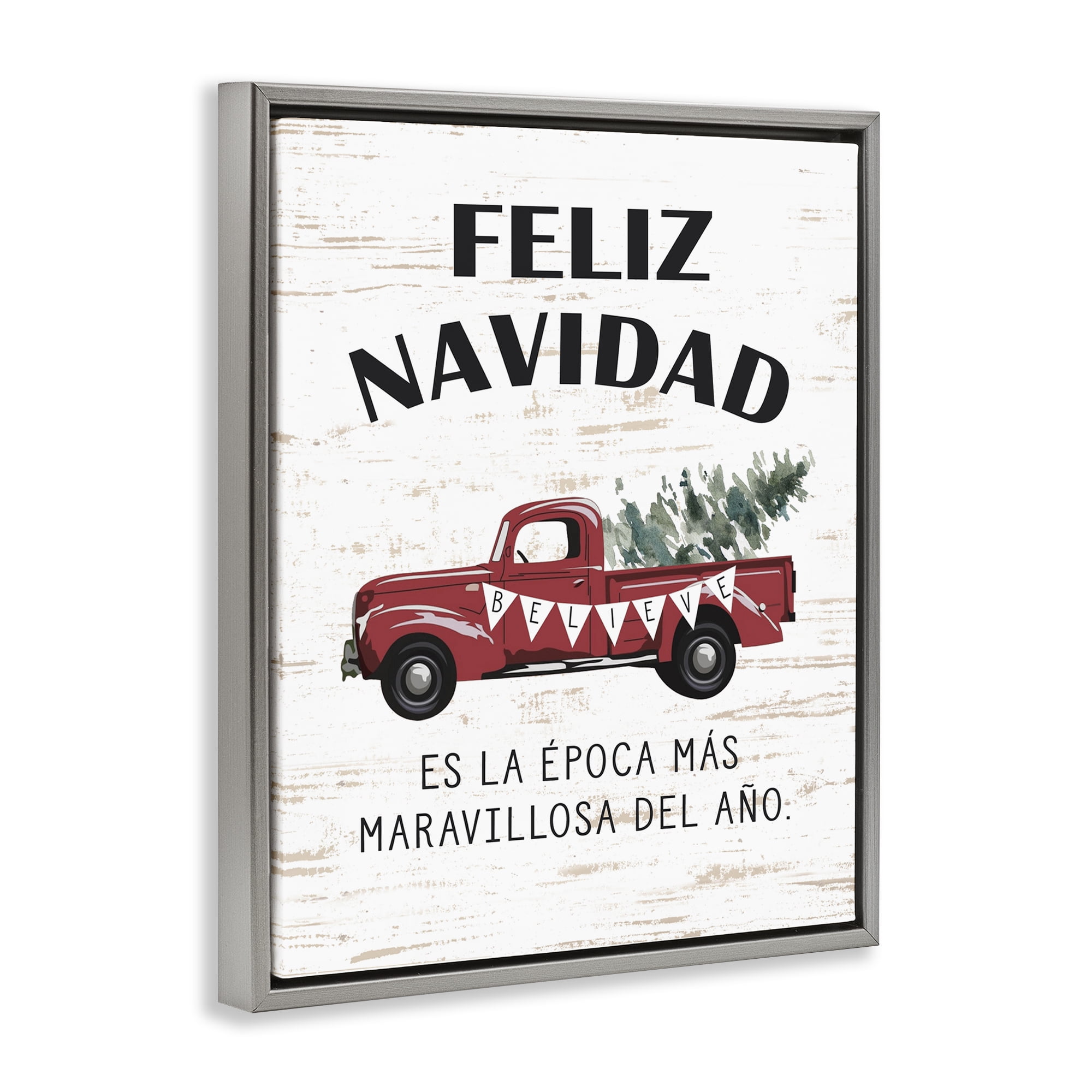 Stupell Industries Feliz Navidad Camioneta Roja Holiday Painting Gray Floater Framed Art Print Wall Art, 17 x 21