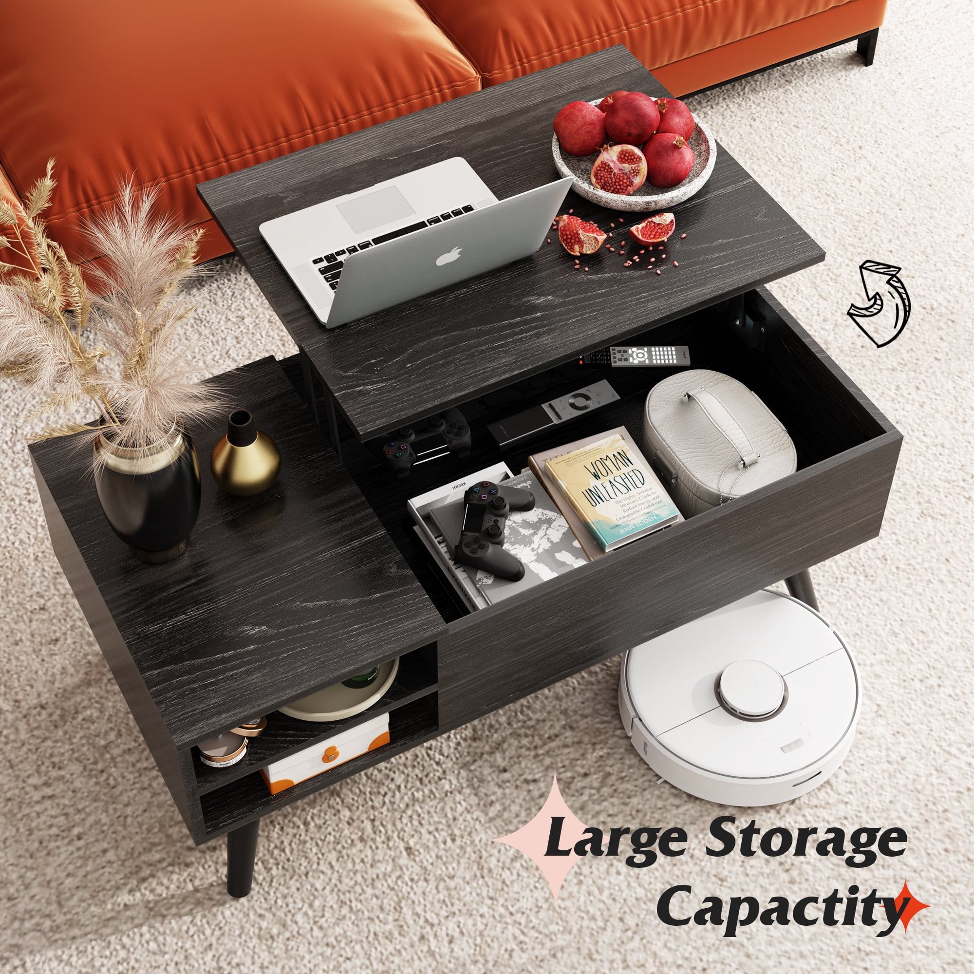 GALAXHERO Coffee Table for Living Room with Hidden Compartments and Removable Storage Shelves Lift Top Table Charcoal Black