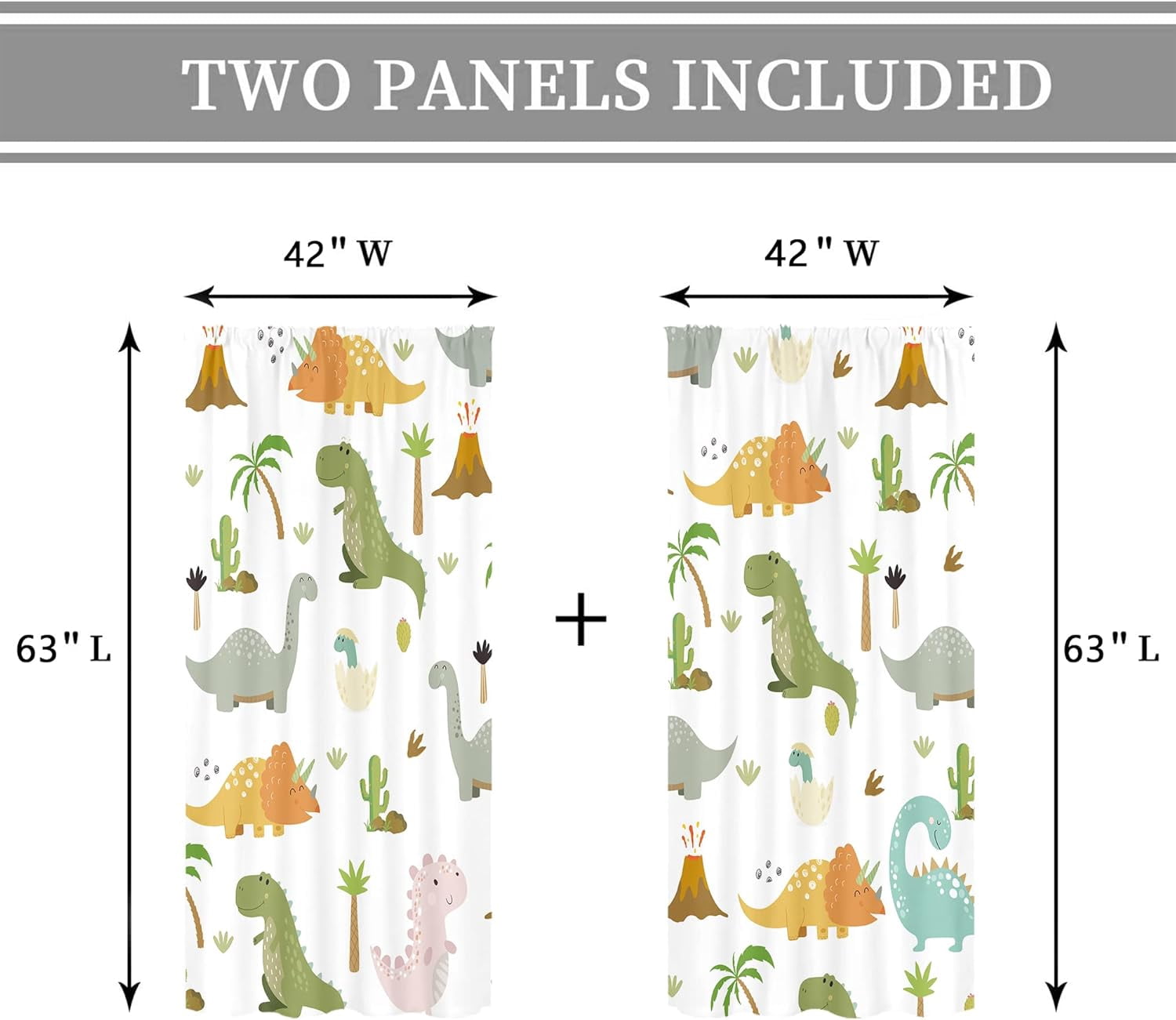 Kids Dinosaur Curtains 42W x 63H Inch Rod Pocket Colorful Cute Cartoon Dino for Baby Boys Funny Animals Toddler Room Decor Nursery Safari Wildlife Printed Bedroom Window Drapes Fabric 2 Panel