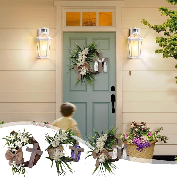 AZXY 16 Inch Cross Easter Wreath for Front Door - Spring Garland, Cloth   Plastic Mixed Material, Hanging Decor for Porch Wall Home Party Wedding Decor