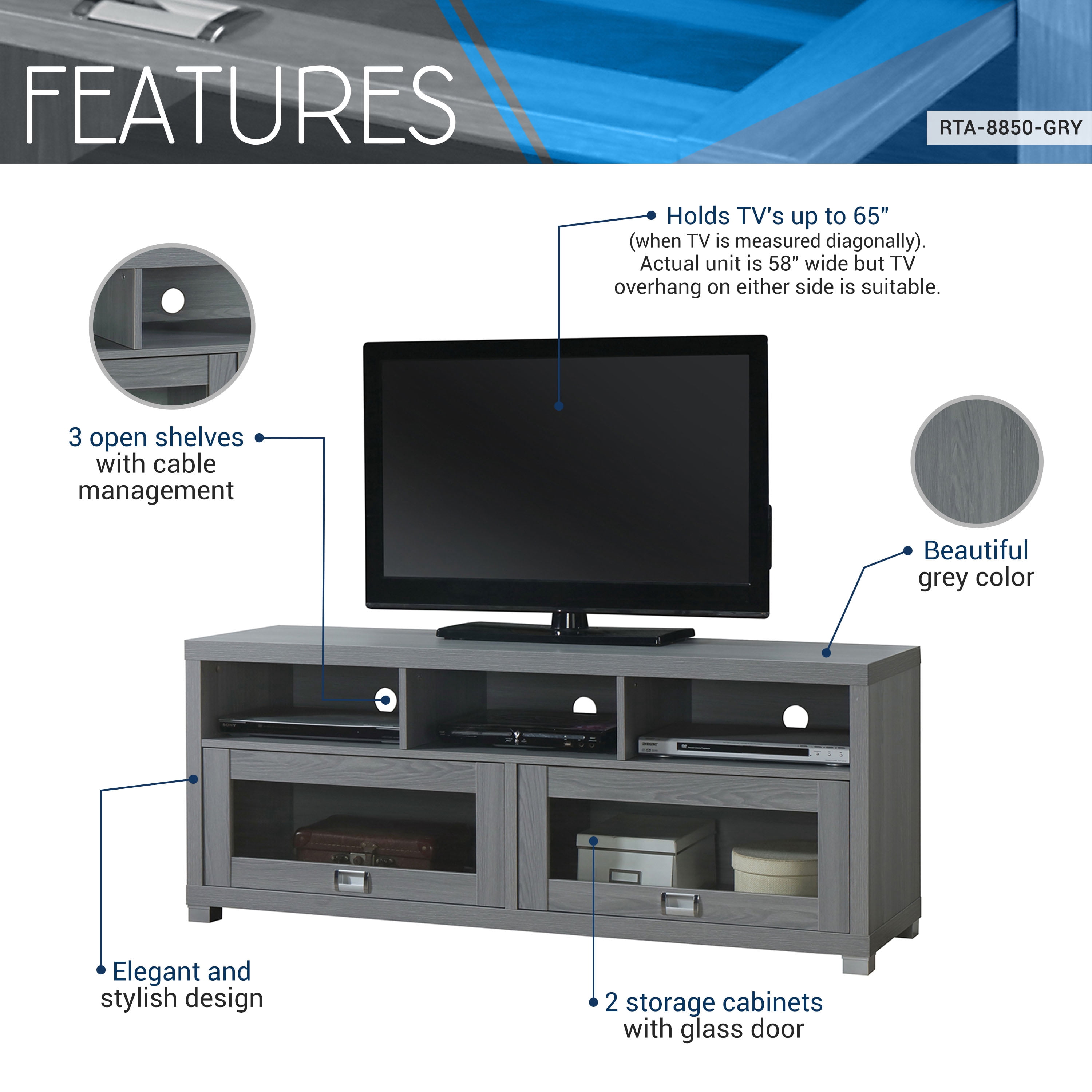 Techni Mobili 58" W Durbin TV Stand for TVs Up to 75", Grey